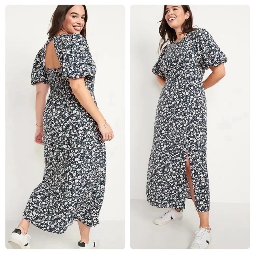Old Navy Floral Puff Sleeve Midi Dress Open Back Navy Green Size 4X - Picture 3 of 16